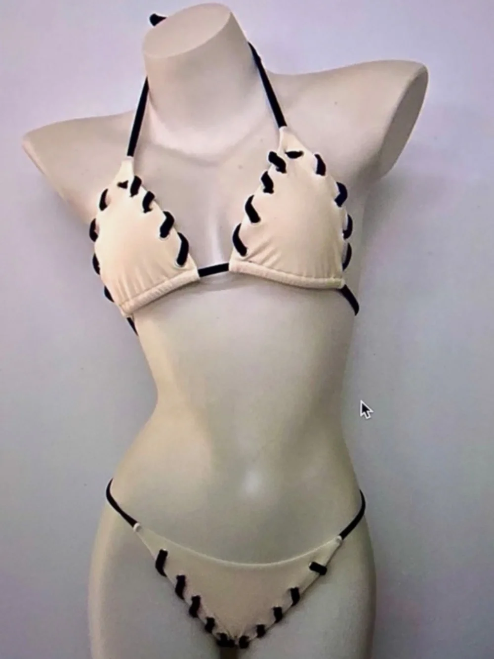 Cream Ribbed Triangle Bikini Set Black Whipstitch Trim Size [S]